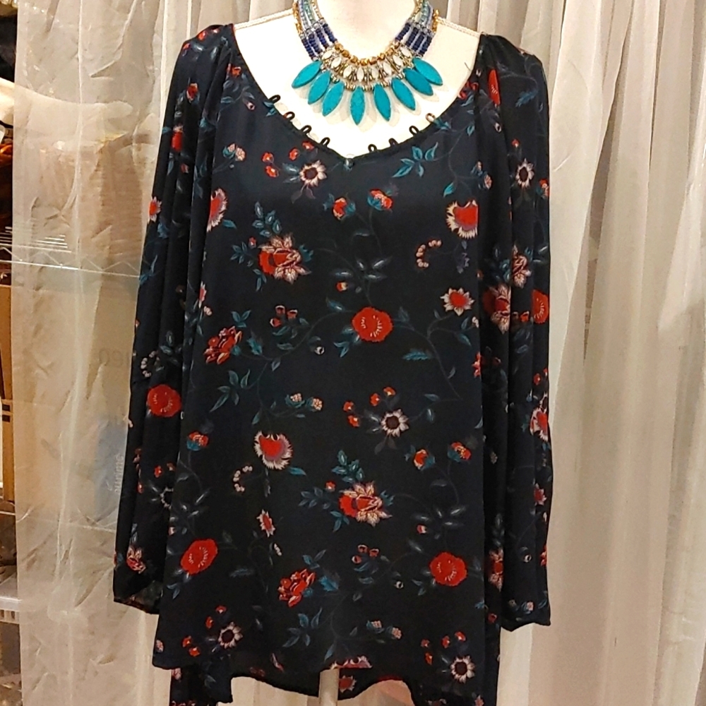 Navy Long Sleeve Flowy Blouse Top